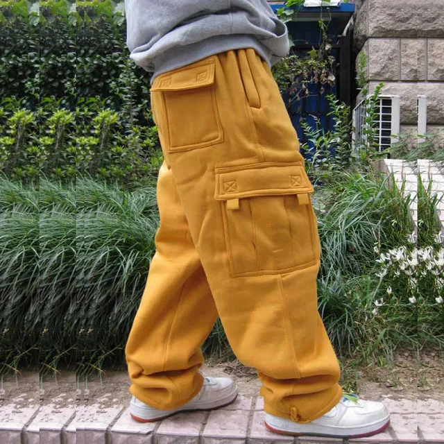 Plus Size Hip Hop Joggers Sweatpants for Men and Women Streetwear Big Pocket Cargo Pants Casual Straight Loose Baggy Trousers Yellow