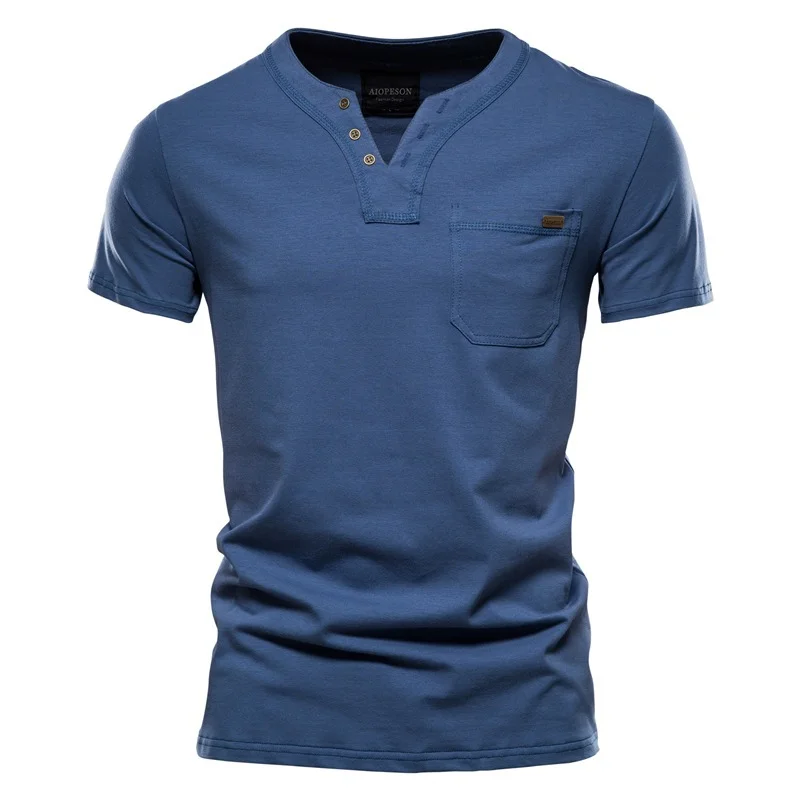 Cotton T-Shirt Tops Mens Clothing Top-Quality Classic Design Solid-Color Casual V-Neck