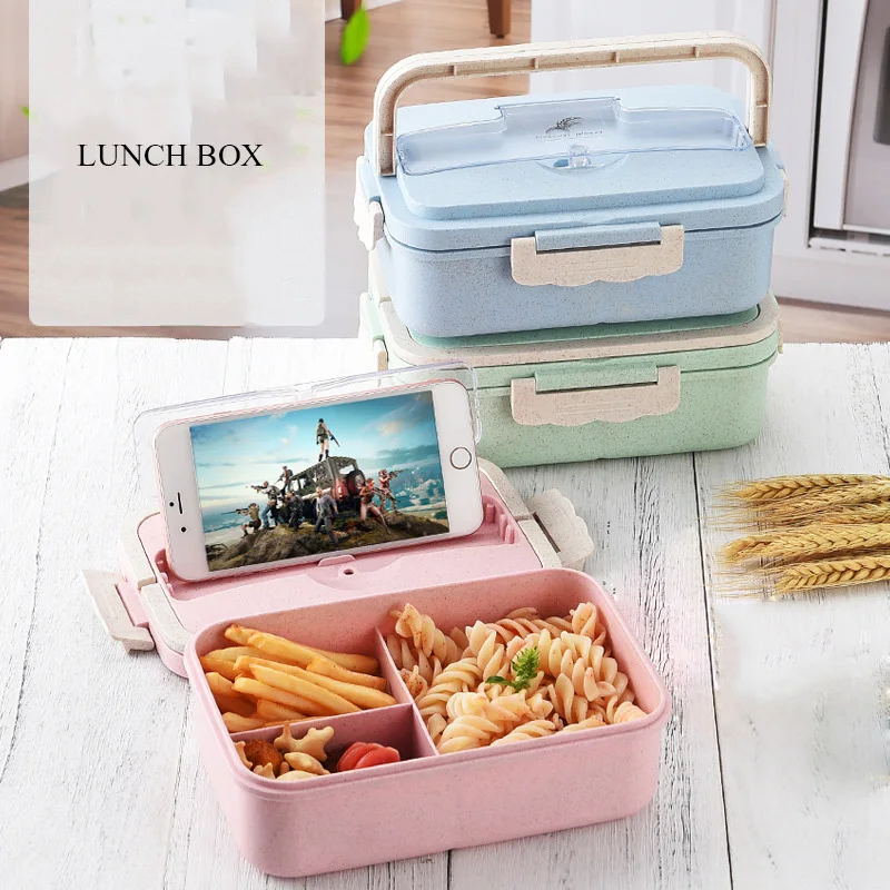 

Lunch Box With Handle Leakproof Wheat Eco-friendly Material High Capacity Rectangle Microwave Bento Box Kid Food Container