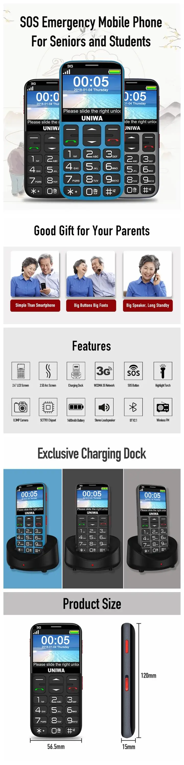 UNIWA V808G Mobile Phone Russian Keyboard 3G WCDMA Strong Torch Senior Cellphone Elderly Old Man Big SOS Push-Button Phone