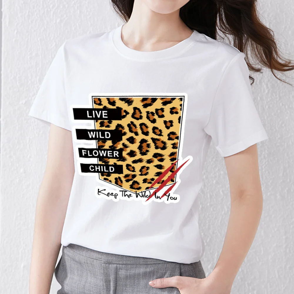 

Summer T-shirt Women's Leopard Printed Letters Series All-match Casual Slim Round Neck Comfortable Short Sleeve White Ladies Top