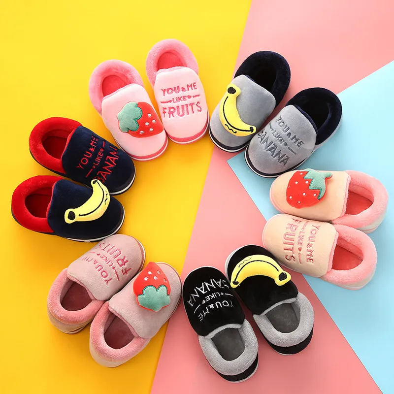 

New 2019 Winter Fruit Kids Plush Slippers Lovely Strawberry Banana Baby Girl Slippers Indoor House Flats Home boys Flip Flops