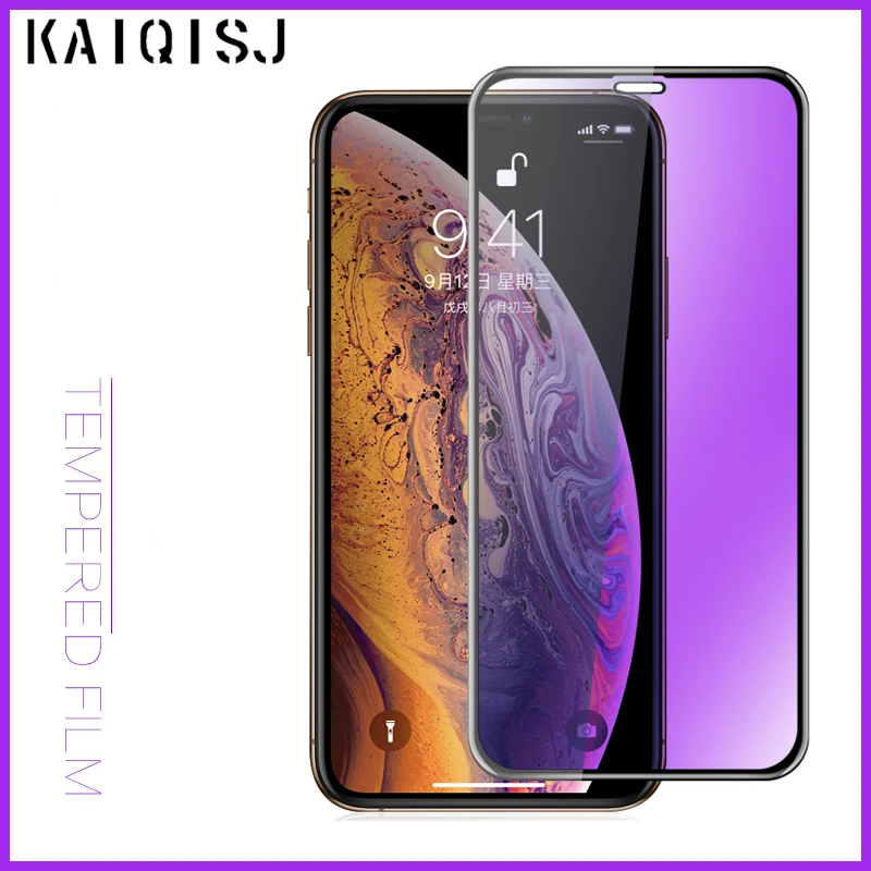 KAIQISJ Purple Light Tempered Glass For iPhone 12 ProMax mini, Protective Glass for iPhone 6 7 X XR 11Pro Full Screen Protector afbeelding