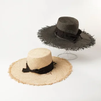 

Natural grass cap fashion bow tassel flat top big Brim edging treasure straw hat outdoor sunshade flat straw hat