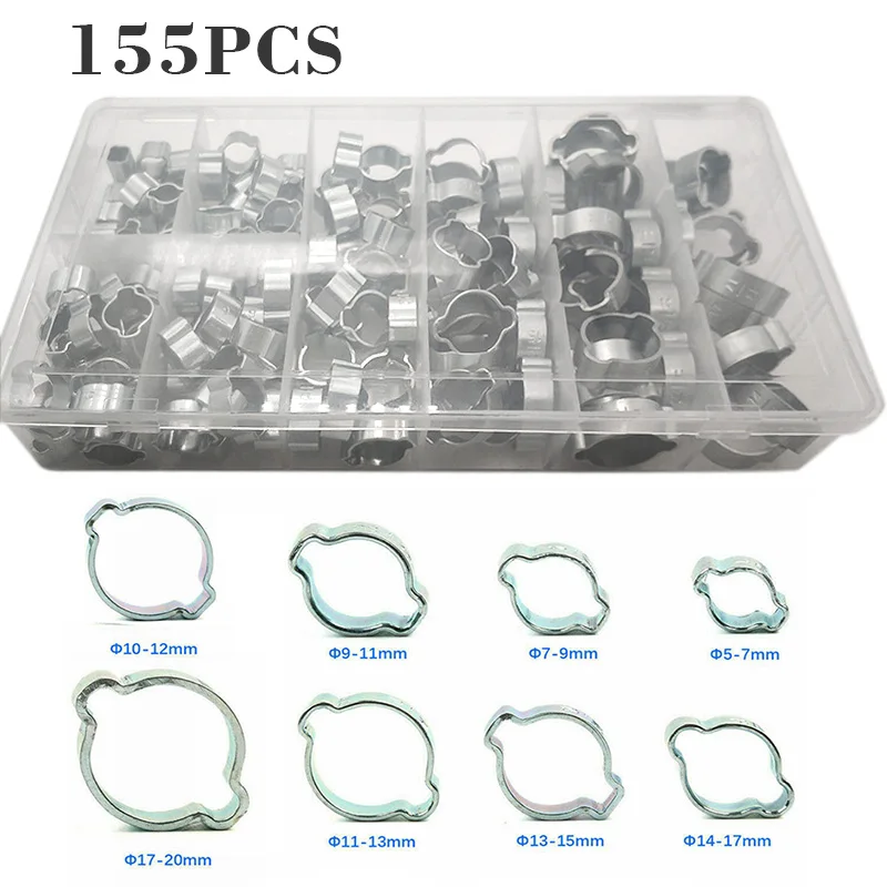 

135pcs Hose Clamp Double Ears Clamp O Clips Water Fuel Air Tube Hose Assortment Box Tool