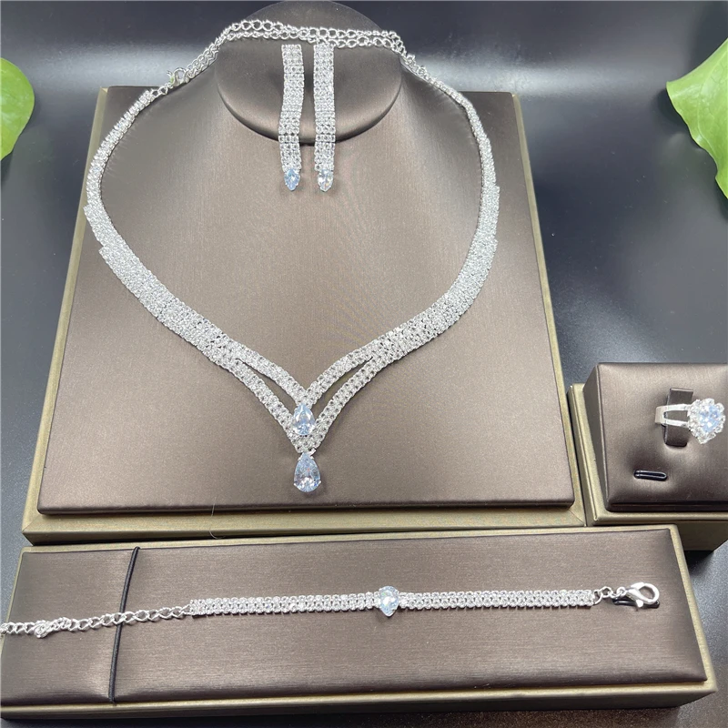 Set Di Gioielli In Cristallo A Goccia | 2 Pezzi: Collana, Orecchini Pendenti E Anello Con Strass | Blu E Verde | Regalo Per Matrimonio E Ballo - 2