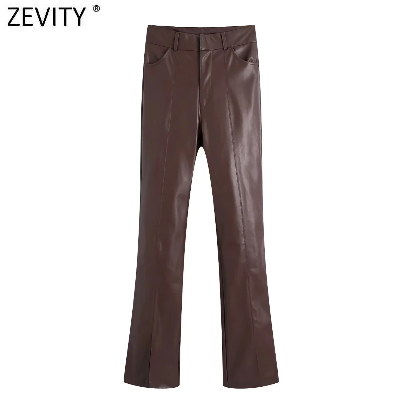 Zevity 2022 New Women Fashion Hem Split PU Leather Slim Pencil Pants Female Chic Zipper Fly Long Trousers Pantalones Mujer P1251