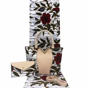 

White Leaft Design Hot Sale African Wax Hangbag Set Two Bags +6Yards 100% Cotton Original African Print Fabric YG004