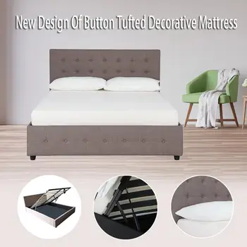 

Queen Size Fabric Pneumatic Bed Frame Under-bed Storage Space With Wooden Slat And Metal Bedroom Furniture Without Mattress