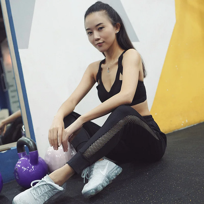 HOUZHOU осенние женские тренировочные брюки боковых сетчатых Jogger Штаны Для женщин свободное до щиколотки трек Штаны Повседневное черные брюки с эластичной резинкой на талии