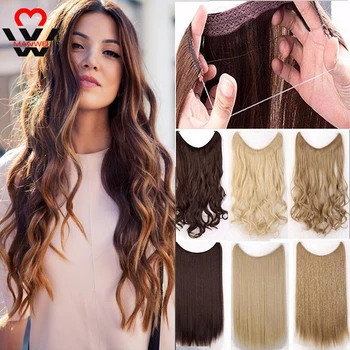 

MANWEI 24inch 60cm Long Wavy Fish Line Women Hairpieces Invisible Wire No Clips In One Piece Synthetic Hair Fake Hair For