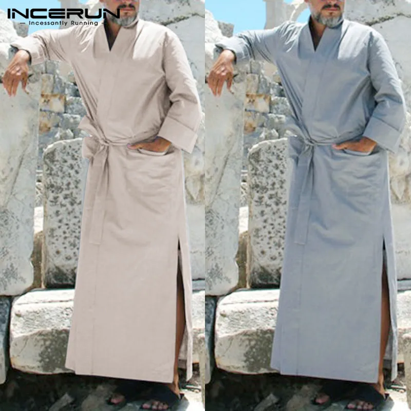 

Men Leisure Solid Color Sleep Robes INCERUN Long Sleeve V Neck Breathable Nightgown Mens Splitting Pockets Honwear With Belt 5XL