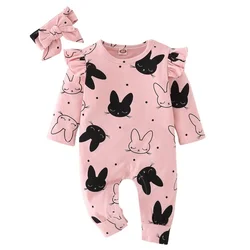 Barboteuse rose à motifs lapins avec manches longues pour bébé fille,combinaison à la mode en coton pour nouveau né, ensemble combishort et bandeau pour enfant en bas âge, 