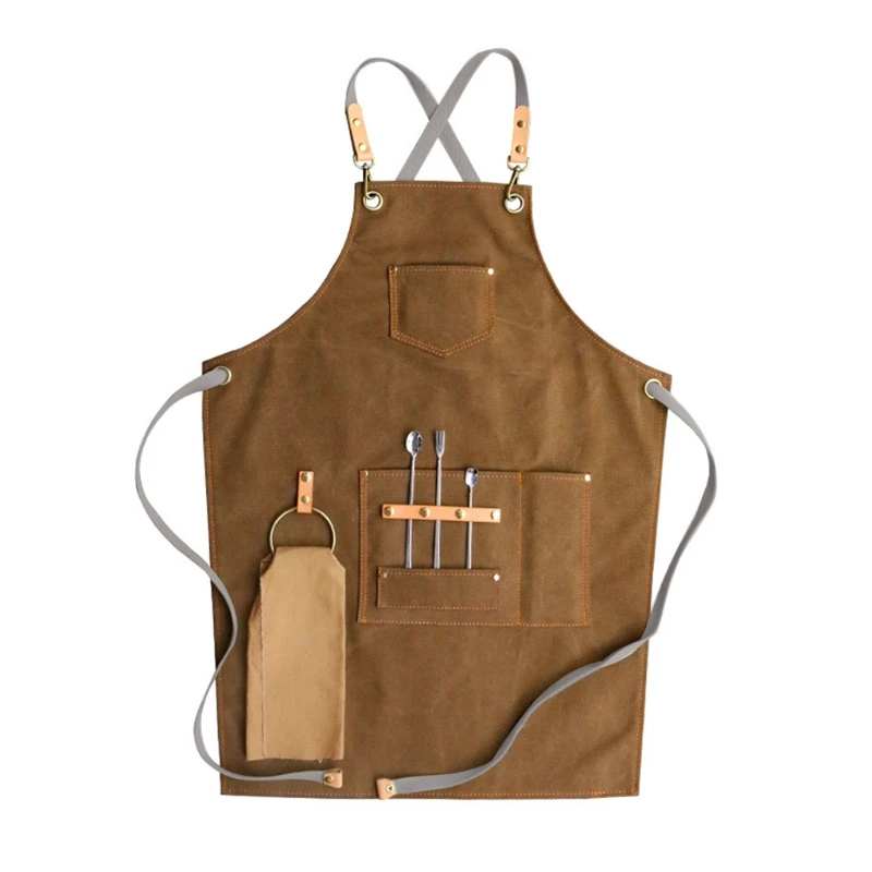 Leather Strap Apron - Easy-Fastening No-Tie - Chef, Bartender, Barista Beige Denim