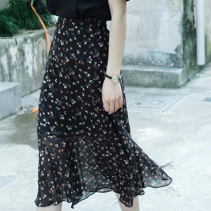 

Vintage Japanese Korean Style Floral Midi Skirt Sexy Fishtail Skirt Fashion Casual Lady Skirt Chiffon Skirt Female