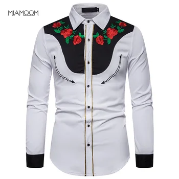

MIAMOOM Mens Shirts Casual Slim Fit Fashion Embroidered Shirt Rose Embroidered Long-sleeve Shirt