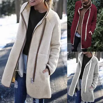 

Fashion Jacket Women Contrast Turtleneck Jacket Casual Loose Large Size Cashmere Pocket Zip Button Stand Collar Long Jacket