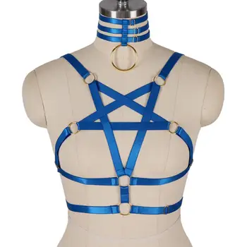 

Fashion Pentagram Top Belt Neck Ring Strappy Chest Elastic Adjust Women Underwear Punk Goth Blue Harness Bra Party Wedding Wear