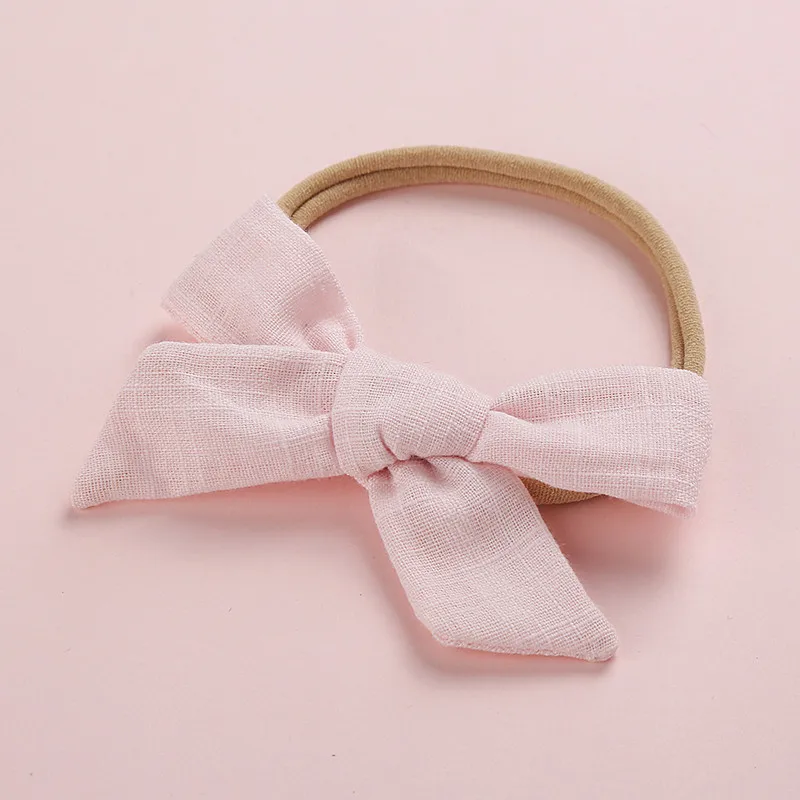 New Baby Toddler Cotton Linen Nylon Bow Headband Solid Color Seamless Kids Top Bows Elastic Hair Bands Headwrap Hair Accessories - Цвет: Розовый