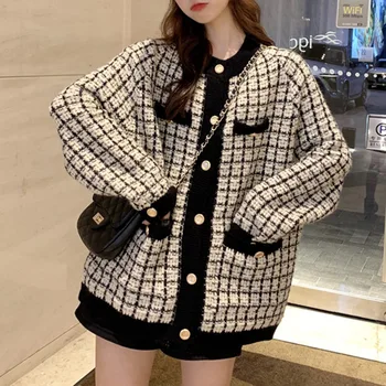 

Plaid Sweater Women Vintage Loose Thick 2020 Autumn Winter Knitted Outwear Fashion Streetwear Preppy Female Sweaters