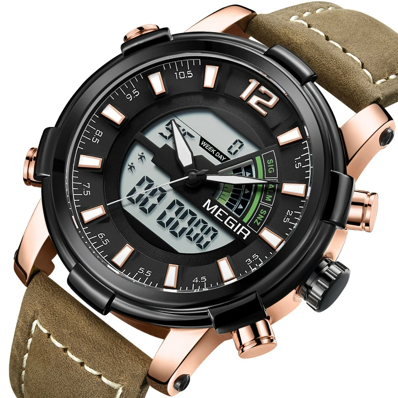 

Luxury Dual Movt Men's Leather quartz Analog Digital LED Sport Double display Waterproof Wrist Watch Roman Numerals Clock