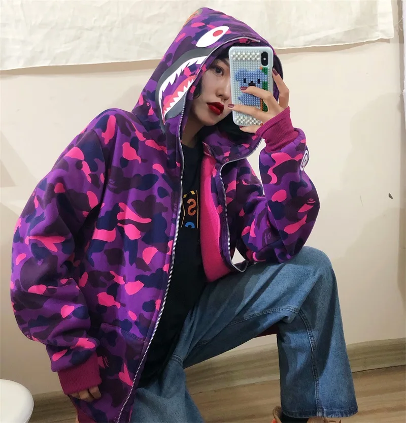 Zipper Shark Camouflage Hoodies Women Men Sweatshirts Harajuku Hip-Hop Loose Couple Coat Korean Funny Oversized Hoodie Jacket pink hoodie