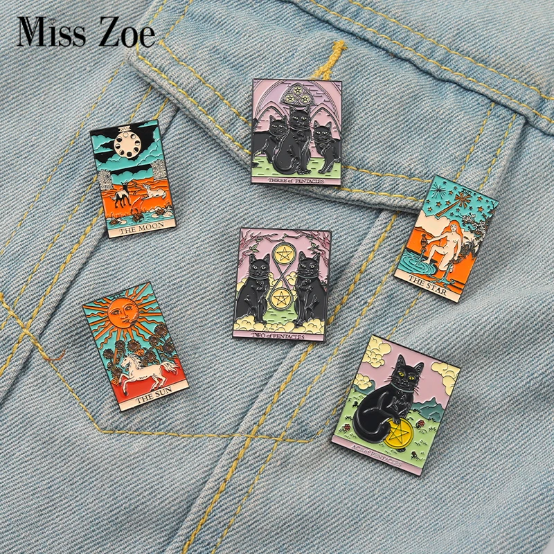 Tarot Enamel Pins Custom Sun Moon Stars Gothic Mysterious Cat Brooches Lapel Badges Bag Punk Dark Witch Jewelry Gift for Kids | Украшения и