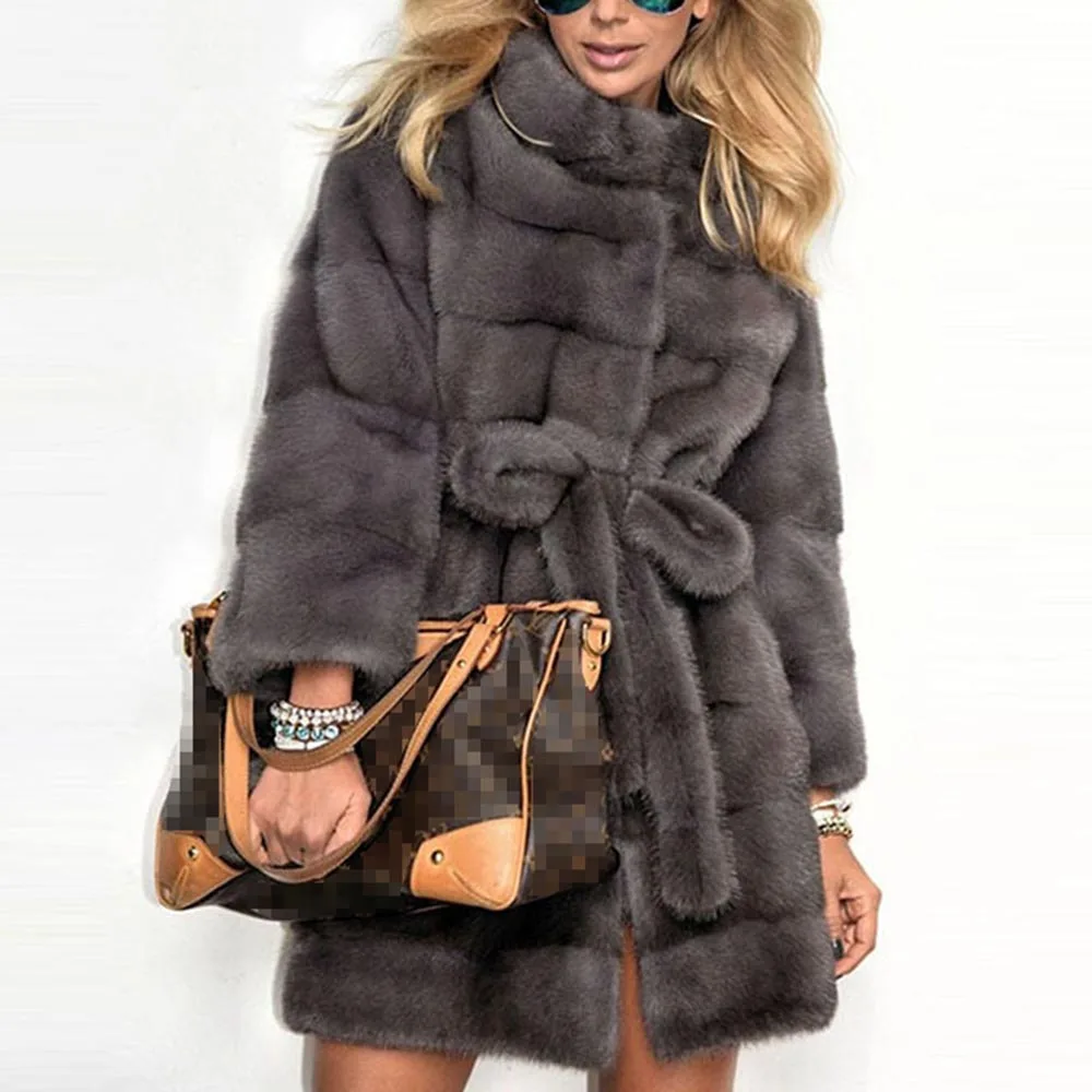 Женское пальто из искусственного меха в стиле ретро, новинка, зимнее теплое пушистое пальто с поясом размера плюс, серая куртка, пальто, элегантная повседневная верхняя одежда 4XL черного цвета