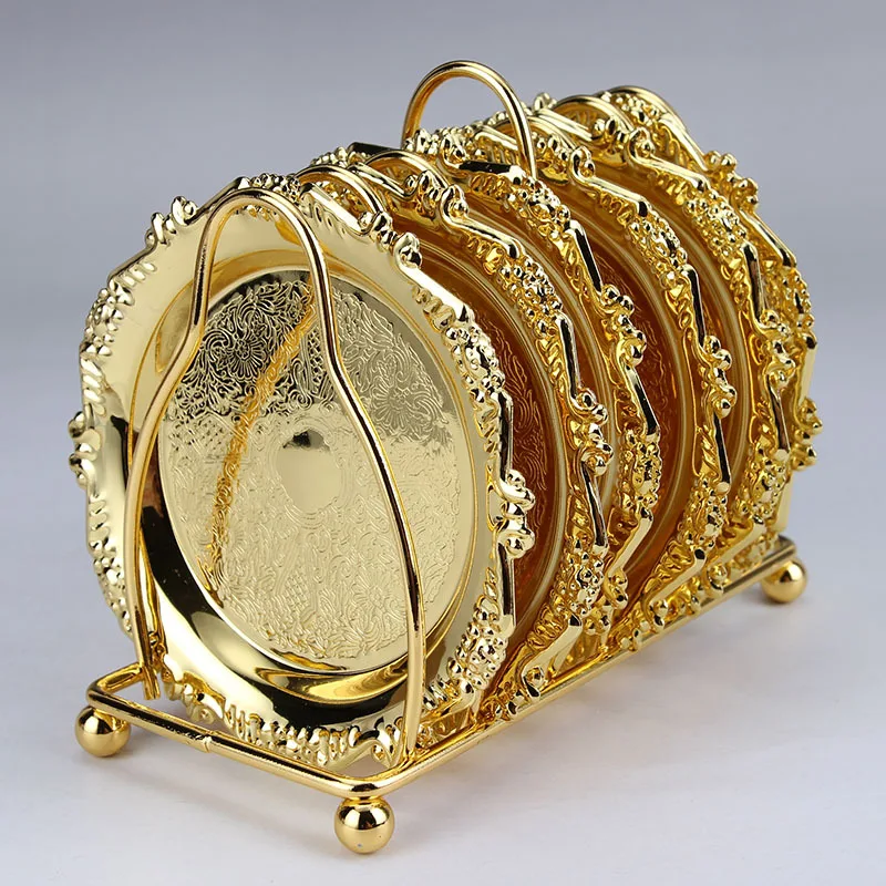 Koop 6 Stks set Hoge Kwaliteit Metalen Dienblad Party Fruit Lade Koffie Coaster Gouden Dienblad Decoratie Keuken Supply