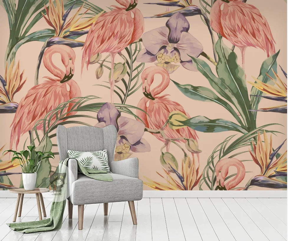 

Custom 3D wallpaper mural flamingo flowers and plants tropical rainforest background wall