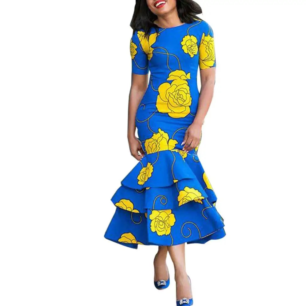 

Summer Women O Neck Short Sleeve Dress Ladies Flower Print Party Knee-Length Dress Vintage