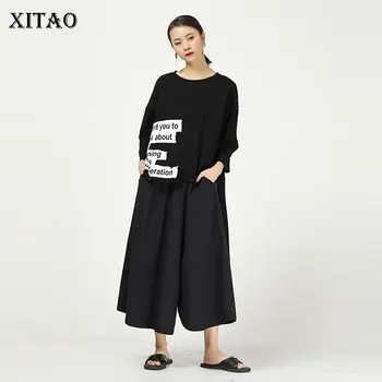 

XITAO Print Letter Split T Shirt Fashion Women 2020 Spring Elegant Vintage Irregular Elegant Small Fresh Pullover Tee DMY2740