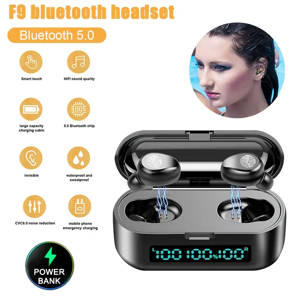 Беспроводная Bluetooth гарнитура F9 5 0 наушники вкладыши с дисплеем батареи Цифровая