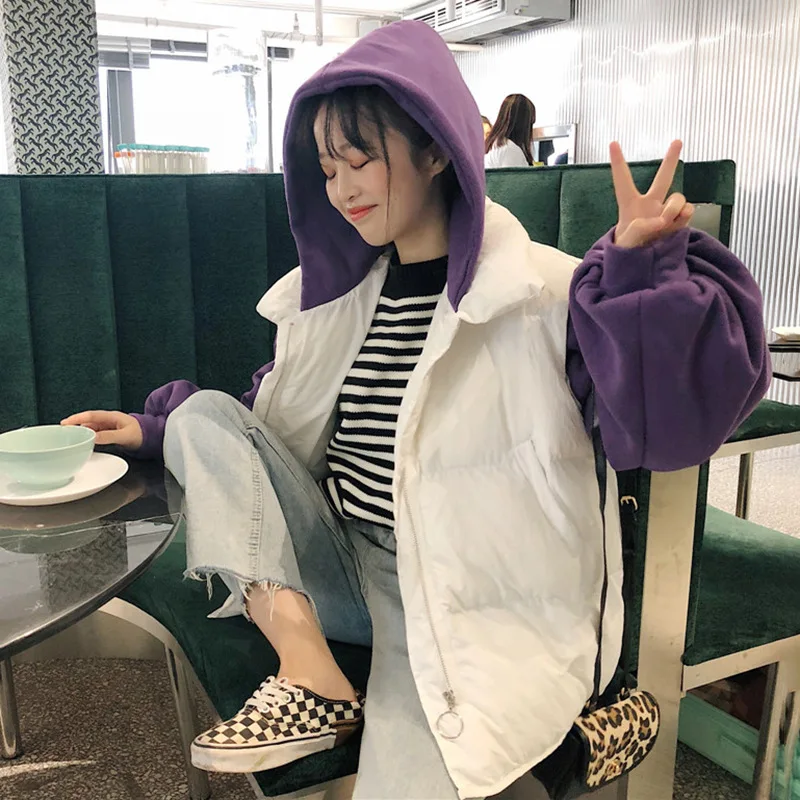 

Cotton Coat Women's 2019 New Style Winter Students Korean-style Contrast Color Thick Cotton Overcoat Loose-Fit Puff Sleeve Hoode