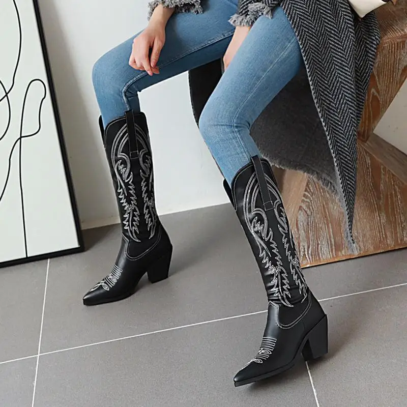 FITWEE Plus Size 31-47 Women High Heel Boots Winter Warm Fur Knee High Boots Women Pointed Toe Zipper Designer Shoes Women