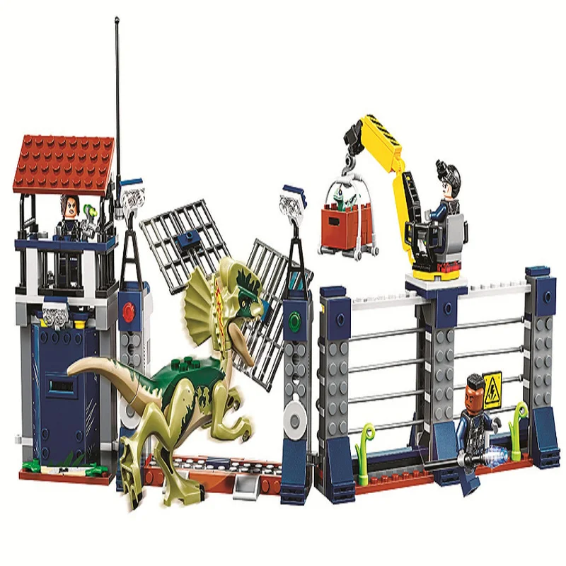 

10923 307pcs Compatible Legoinglys Jurassic Worlds The Dilophosaurus Front Gate Figure Blocks Building Bricks Children Toys