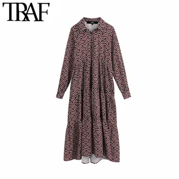 

TRAF Women Vintage Elegant Floral Print Pleated Midi Dress Fashion Lapel Collar Long Sleeve Female Dresses Chic Vestidos Mujer