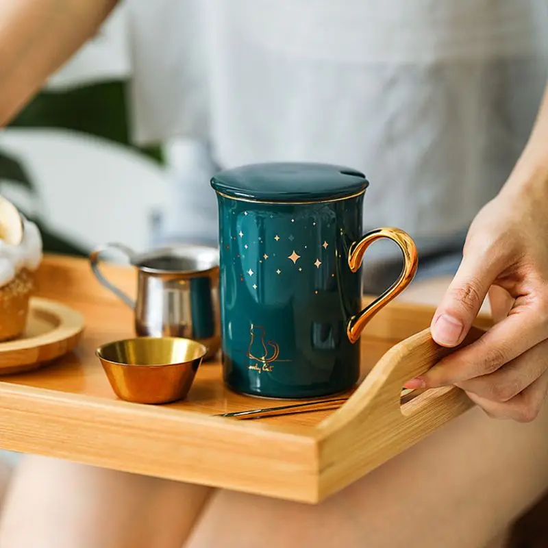 Кошка звездное небо керамическая кружка с ложкой крышкой фарфоровая кружка кофейная чашка DrinkwareMug