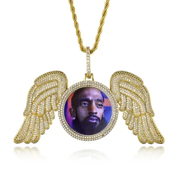 

Custom Photo Angel Wings Pendant Necklace Iced Out Micro Pave Cubic Zircon Necklaces Charms For Men Women Hip Hop Jewelry Gifts
