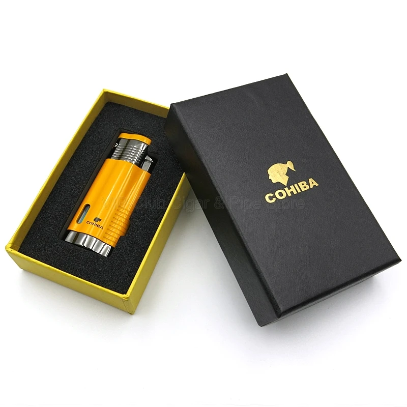 COHIBA металлическая желтая сигарета Табак Зажигалка 3 фонарь струя пламени W/удар ветрозащитный Открытый курительный инструмент многоразового использования