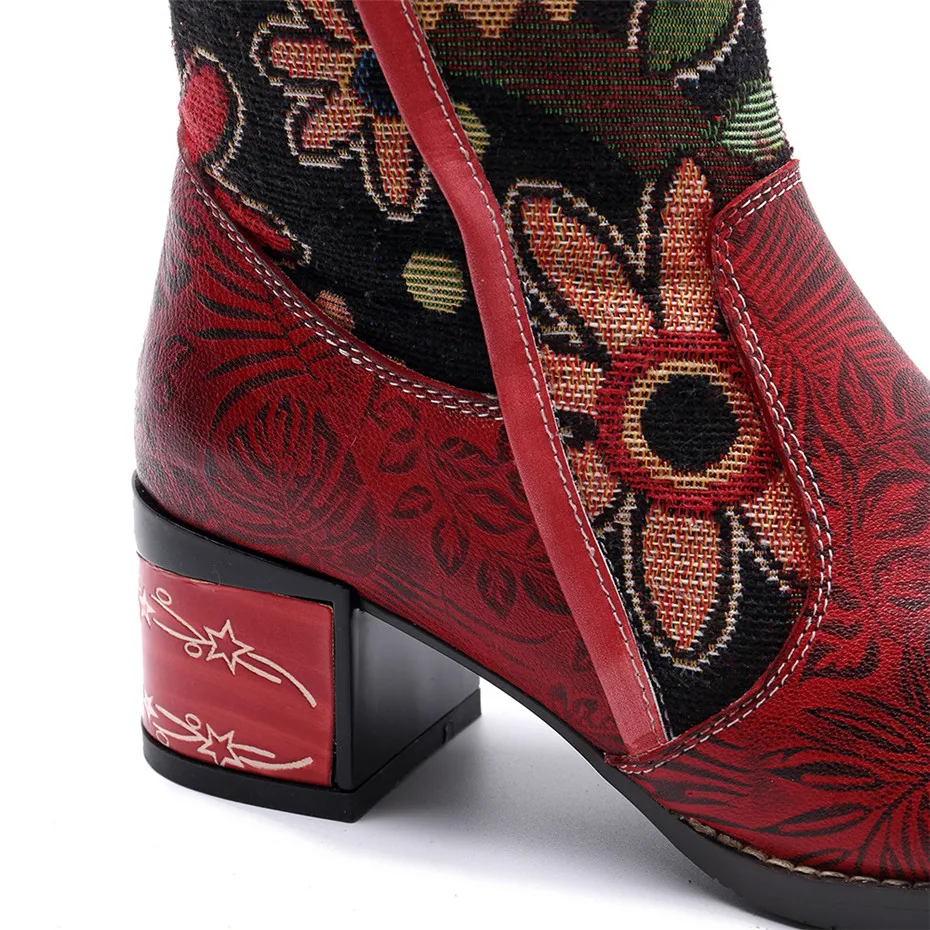 Fashion Patchwork Western Cowboy Boots Women Shoes Bohemian Genuine Leather Shoes Woman Vintage Side Zip Knee High Riding Boots (14)