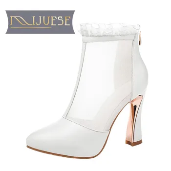 

MLJUESE 2021 women Ankle boots Cow leather Winter short plush Pointed Toe Cutouts Super High heels female boots size 40