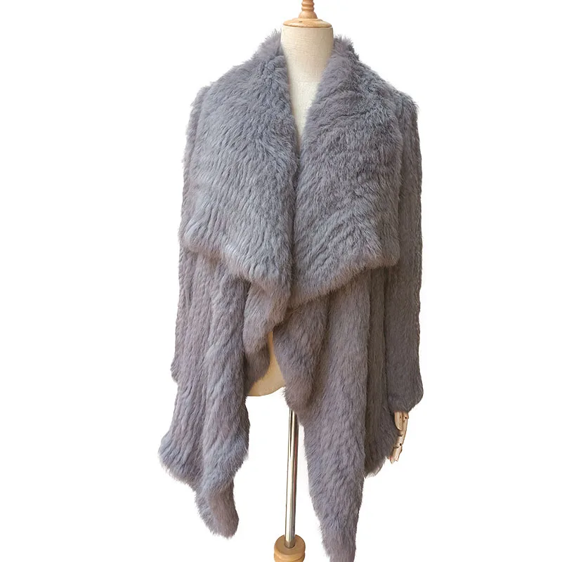 Women Loose Knitted Thick Winter Rabbit Fur Coat Fashion Long Sleeve Warm Drop Collar Genuine Fur Outwear Women Knitwear