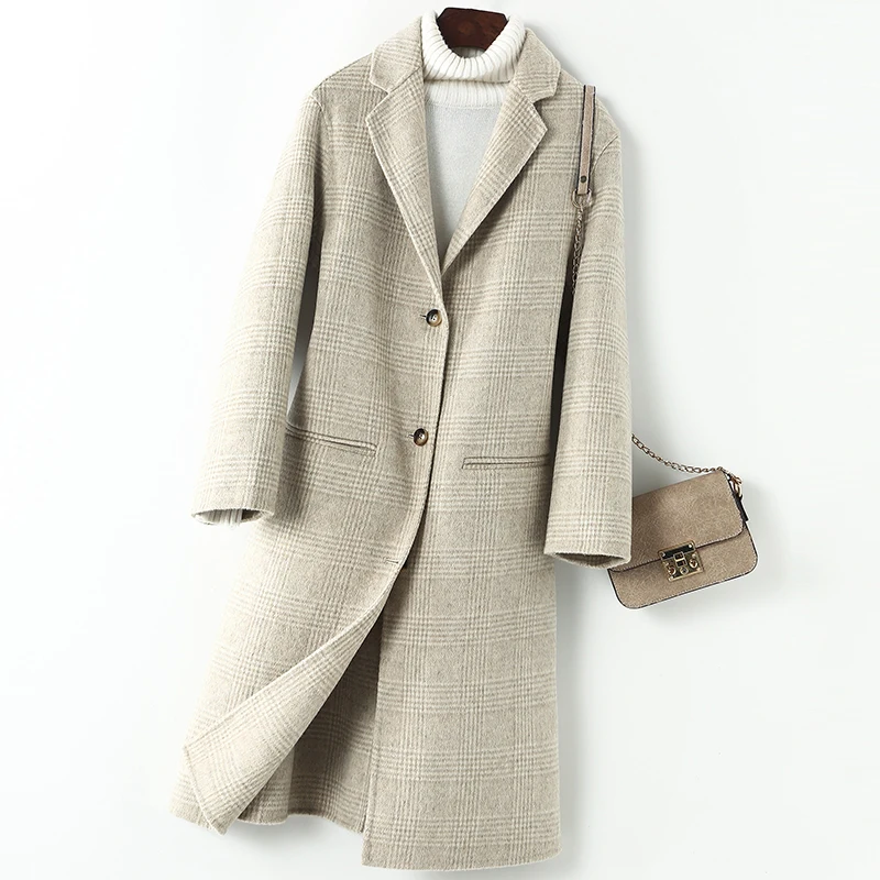 new double-sided cashmere coat women's plaid double-sided wool long wool coat Korean autumn
