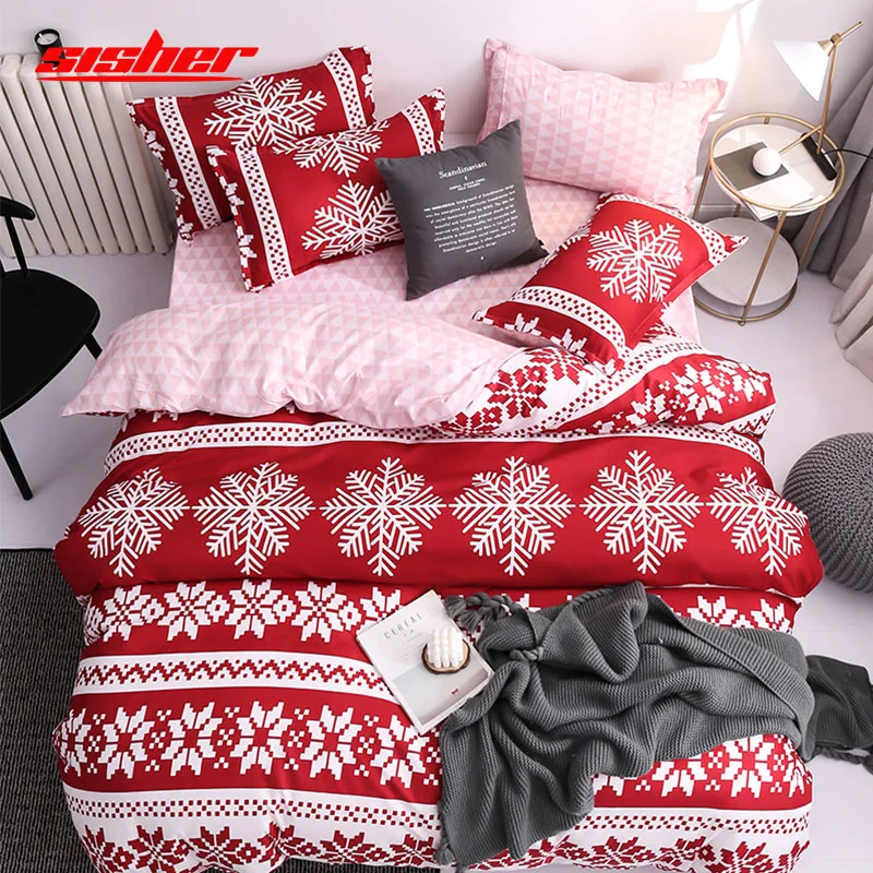 Sisher Merry Christmas Bedding Sets Bed Linen Snowflake Printed Duvet