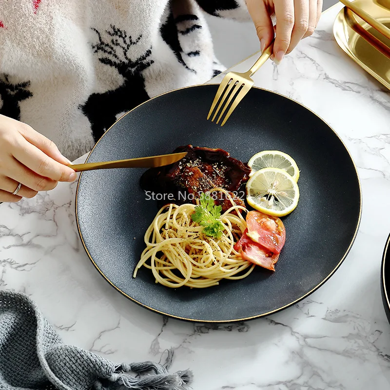 1pc Black Gold Rim Ceramic Dinner Dish Plate Rice Salad Noodles Bowl Soup Plates Matte Dinnerware Sets Tableware Kitchen Tool