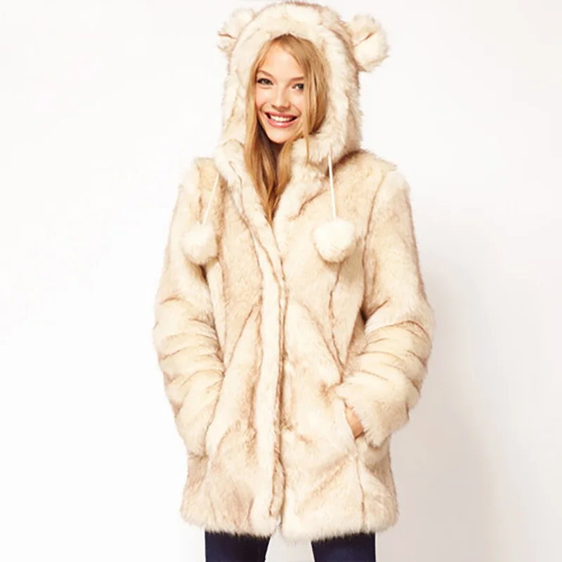 

New Style Hot Selling Cute Double Cap Ear Ball Double Color Hair Beige Long Fur Coat Long-cut Coat