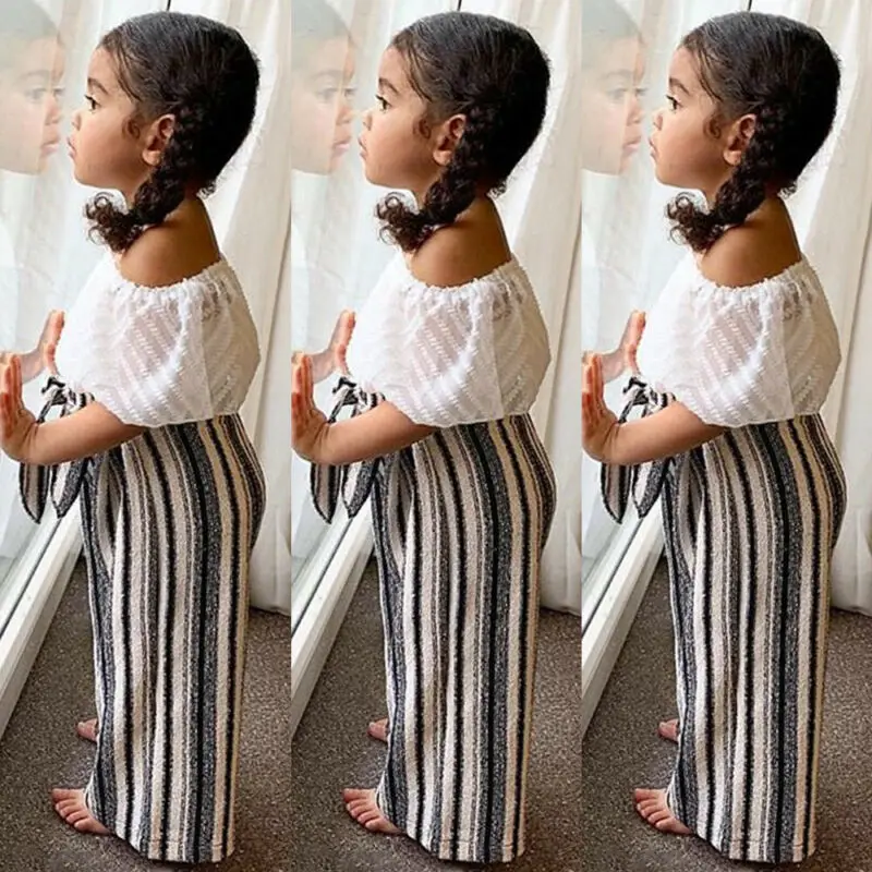 

2PCS Toddler Kids Baby Girls 1T-6T Outfits Clothes Off Shoulder Tops+Striped Pants Set