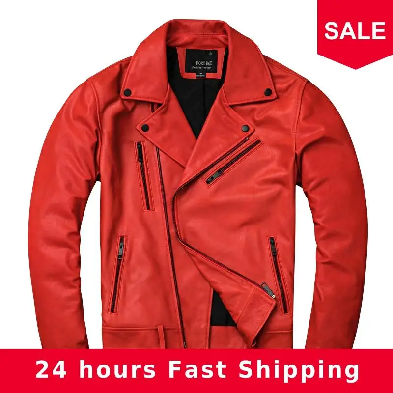 

2020 Red Men Autumn Slim Fit Biker's Leather Jacket Plus Size XXXXL Genuine Sheepskin Russian Motorcycle Leather Coat