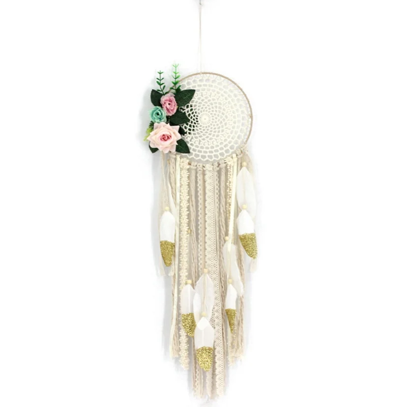 

Lace Handmade Dream Catcher Feather Bohemian Dreamcatchers With Artificial Flower Wall Hanging Wedding Decoration Craft Gift